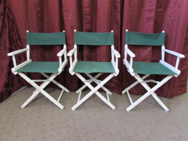 THREE VINTAGE WOOD WITH CANVAS FOLDING CHAIRS