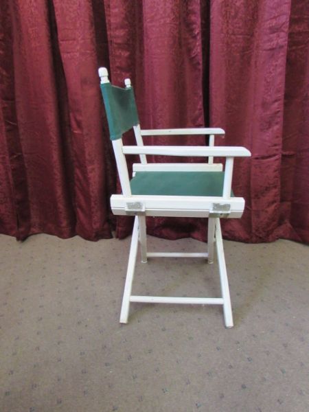 THREE VINTAGE WOOD WITH CANVAS FOLDING CHAIRS