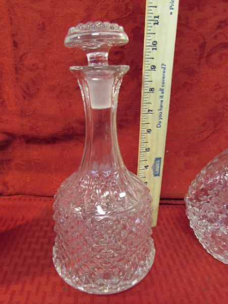 VARIETY OF DECANTERS, GIANT MARTINI GLASS, FISH BOTTLE & MORE
