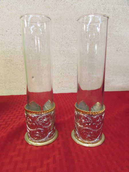 TWO WESTERN BUD VASES WITH EMBOSSED SILVER & GOLD FINISH BASES