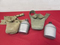 TWO VINTAGE MILITARY ISSUE METAL CANTEENS WITH CANVAS HOLDER