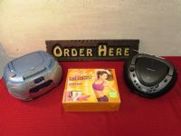 TWO PORTABLE STEREOS, "ORDER HERE" SIGN & LATIN "DANCE OFF THE INCHE" PARTY PACK
