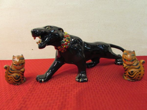 ELEGANT BLACK PANTHER & TWO HAND CARVED TIGERS