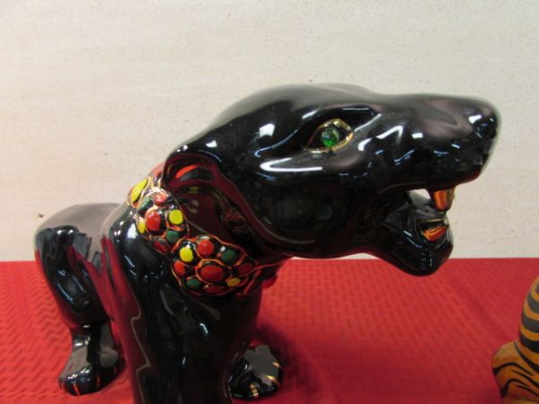ELEGANT BLACK PANTHER & TWO HAND CARVED TIGERS
