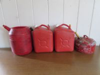 VINTAGE METAL GAS CAN & 3 PLASTIC CANS