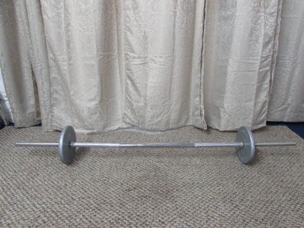 FREE WEIGHTS WITH BENCH BAR & CURL BARS