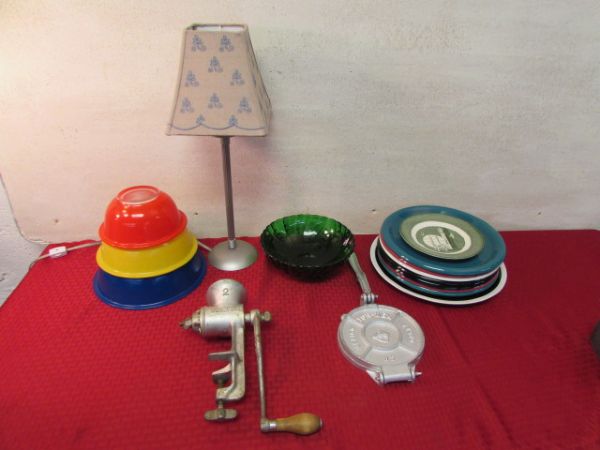 AWESOME PYREX NESTING BOWLS, GREEN GLASS BOWL, GRINDER, & MORE