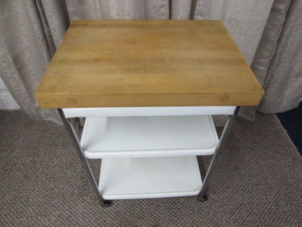 METAL UTILITY CART WITH LARGE WOOD BUTCHER BLOCK