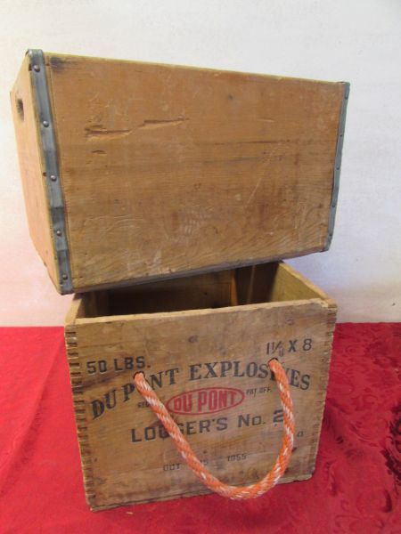 A DYNAMITE LOT WITH VINTAGE WOODEN BOXES,  VINTAGE CIGAR BOXES & A BABY RUTH BOX.