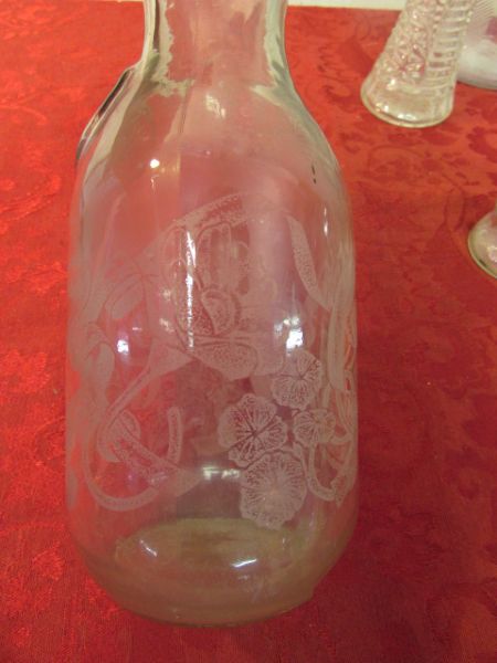 GLASS CANISTER COOKIE JAR, ETCHED GLASS WINE CARAFE, EMBOSSED CROME CANDLE HOLDER & MORE