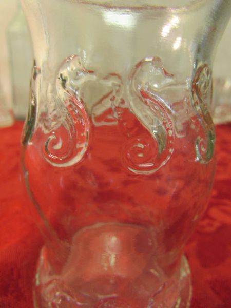 GLASS CANISTER COOKIE JAR, ETCHED GLASS WINE CARAFE, EMBOSSED CROME CANDLE HOLDER & MORE