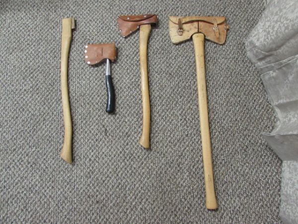 THREE AXES WITH LEATHER BLADE COVERS & EXTRA HANDLE