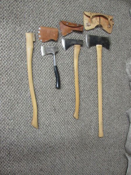 THREE AXES WITH LEATHER BLADE COVERS & EXTRA HANDLE