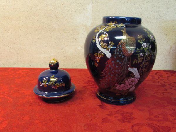 ARTIST MADE POTTERY BOWL/FOUNTAIN, HAND PAINTED LIDDED URN, KNICK-KNACK SHELF & MORE.