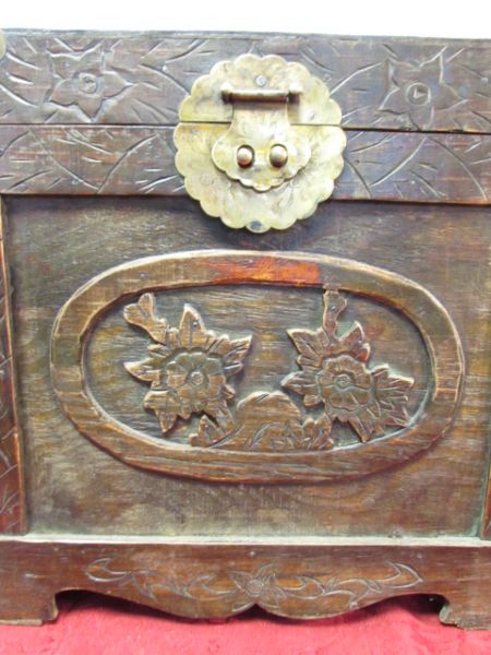 ANTIQUE CHINESE CARVED WOODEN CHEST WITH BRASS LATCH & CORNERS