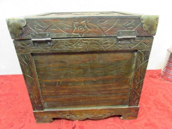 ANTIQUE CHINESE CARVED WOODEN CHEST WITH BRASS LATCH & CORNERS