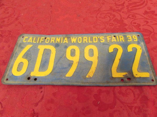 1939 CALIFORNIA WOLRD'S FAIR LICENSE PLATE