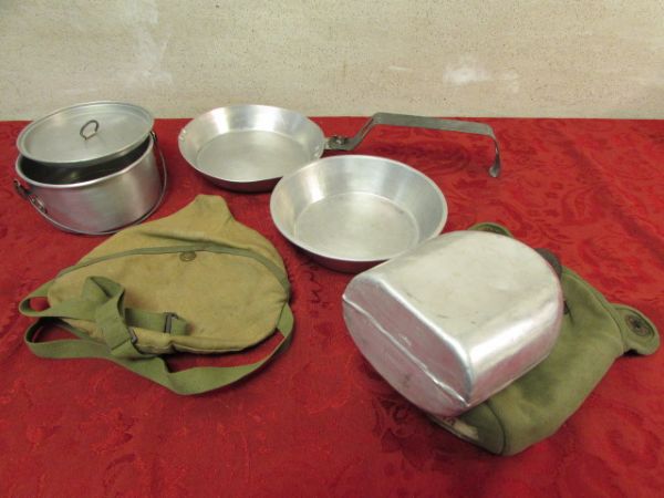 VINTAGE ALUMINUM BOY SCOUT COOKING SET & MILITARY CANTEEN