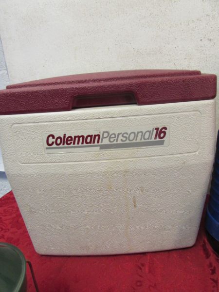 MORE CAMPING ITEMS - COLEMAN ICE CHEST, LANTERN, THERMOS, E TOOL & MORE