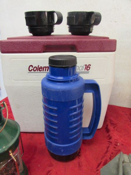 MORE CAMPING ITEMS - COLEMAN ICE CHEST, LANTERN, THERMOS, E TOOL & MORE