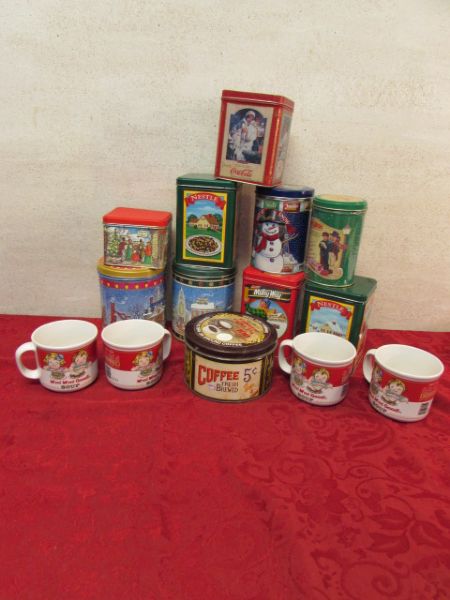 HOLIDAY TINS, COLLECTIBLE COFFEE TIN & CAMPBELL SOUP MUGS