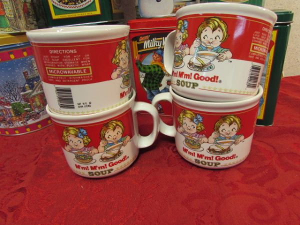 HOLIDAY TINS, COLLECTIBLE COFFEE TIN & CAMPBELL SOUP MUGS