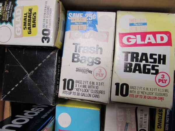 BOX FULL OF TRASH BAGS, ZIPLOC BAGS & KITCHEN WRAPS