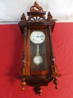 VINTAGE WOODEN PENDULUM WALL CLOCK WITH PRANCING HORSE FINIAL