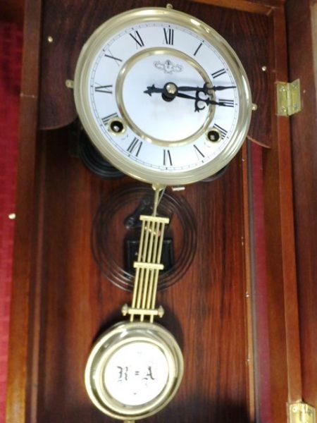 VINTAGE WOODEN PENDULUM WALL CLOCK WITH PRANCING HORSE FINIAL
