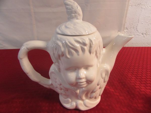 WHITE ANGELIC CERAMIC CHERUB TEAPOT, MCCONNELL ANGEL MUGS, CRYSTAL CANDLE HOLDER AND YANKEE PILLAR HOLDER AND MORE…