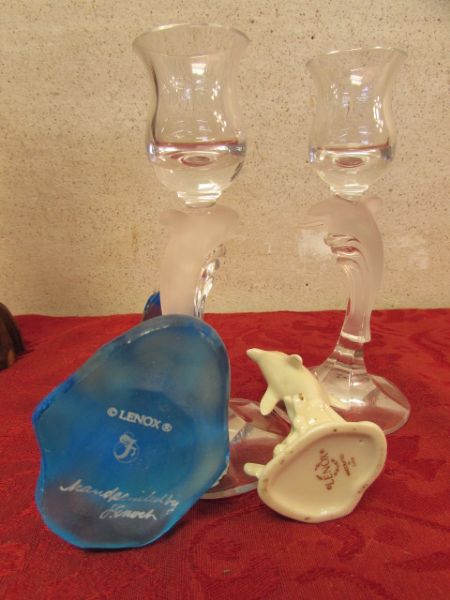 VARIETY OF GLASS AND PORCEALIN LENOX DOLPHINS & MORE