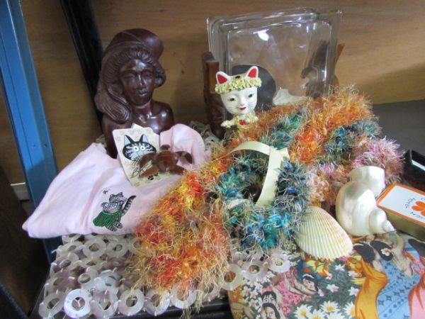 GO TOPICAL!  CARVING, FABRIC, NAPKIN HOLDERS, ABALONE SHELL BUREAU SCARF & MORE