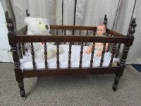 ANTIQUE C. 1880S SOLID WOOD BABY CRIB, VINTAGE BABY DOLL & PLUSH BEAR