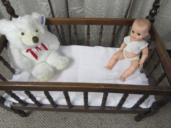 ANTIQUE C. 1880'S SOLID WOOD BABY CRIB, VINTAGE BABY DOLL & PLUSH BEAR
