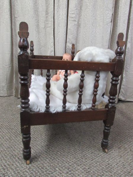ANTIQUE C. 1880'S SOLID WOOD BABY CRIB, VINTAGE BABY DOLL & PLUSH BEAR