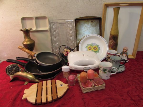 TOASTMASTER BELGIAN WAFFLE BAKER, BRASS DOLPHIN & TALL VASE, CANDLES, HOUSEWARES & MORE!