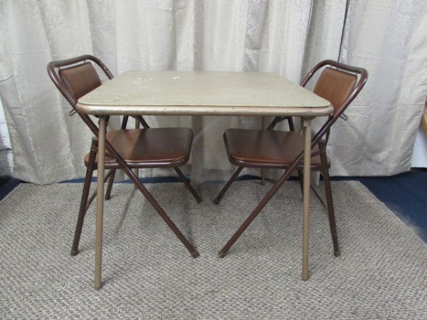 SQUARE CARD TABLE WITH TWO FOLDING CHAIRS