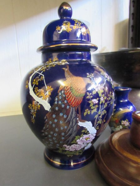ARTIST MADE POTTERY BOWL/FOUNTAIN, HAND PAINTED LIDDED URN, KNICK-KNACK SHELF & MORE.