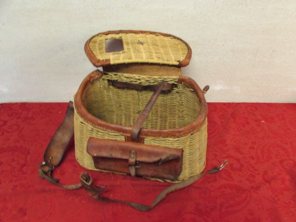 ANTIQUE WICKER & LEATHER FISHING CREEL