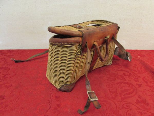 ANTIQUE WICKER & LEATHER FISHING CREEL