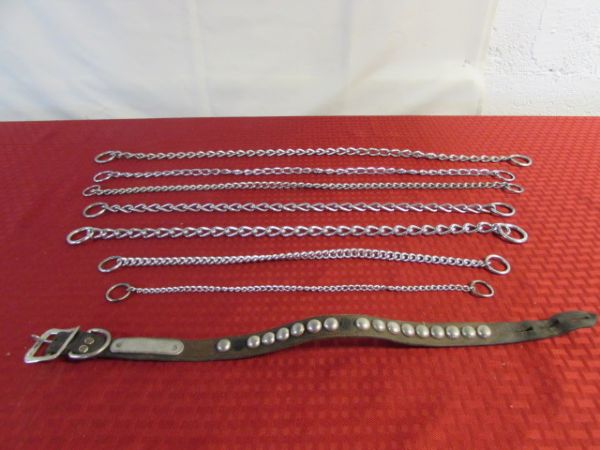 GOOD SELECTION OF CHAIN COLLARS, STAINLESS FOOD DISH, BRUSHES, COMBS & MORE.
