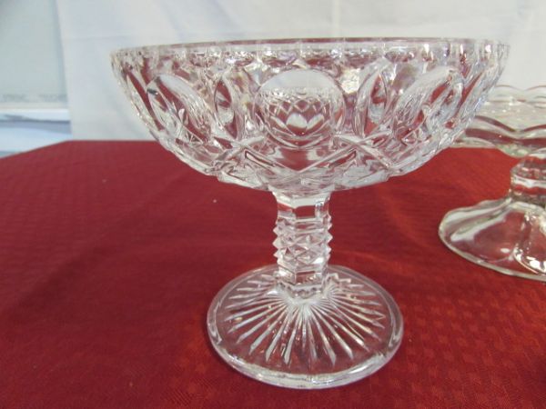 VINTAGE SUNFLOWER CAKE STAND, CRYSTAL COMPOTE CANDY DISH, CANDLESTICKS, FLOWER PAPERWEIGHT 