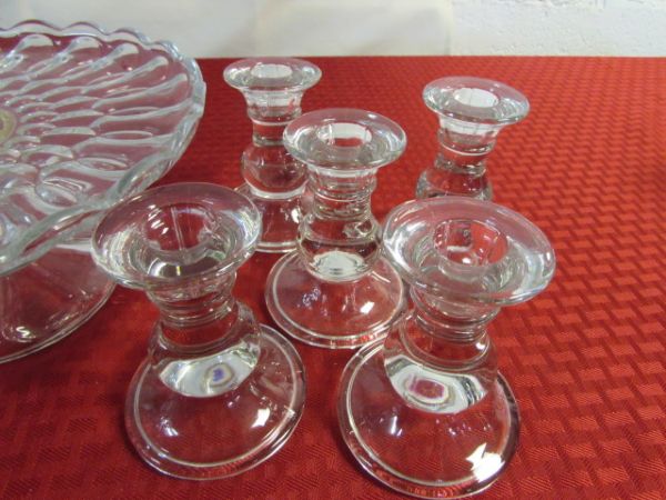VINTAGE SUNFLOWER CAKE STAND, CRYSTAL COMPOTE CANDY DISH, CANDLESTICKS, FLOWER PAPERWEIGHT 