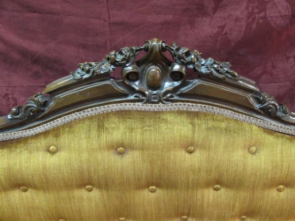 ANTIQUE CARVED WOOD SETTEE & MATCHING STOOL