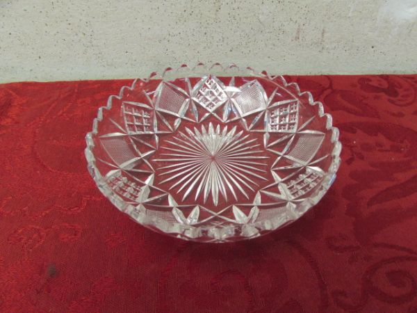 DEPRESSION GLASS PLATTER, BOWL & PLATE, CRYSTAL CANDY DISH & MORE