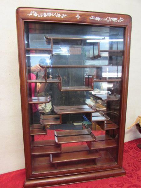 ROSEWOOD CURIO CABINET WITH MOTHER OF PEARL INLAY
