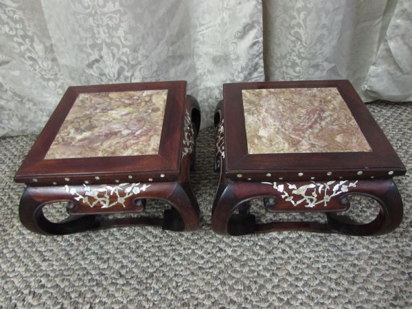 TWO VINTAGE CARVED ROSEWOOD WITH MOTHER OF PEARL  & MARBLE TOP LOW TABLES.