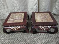TWO VINTAGE CARVED ROSEWOOD WITH MOTHER OF PEARL  & MARBLE TOP LOW TABLES.