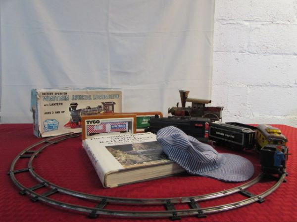 VINTAGE TIN TOY TRAIN, COPPER TRAIN ENGINE & HO TRAINS WITH TRACK 