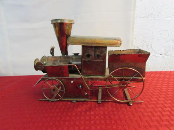 VINTAGE TIN TOY TRAIN, COPPER TRAIN ENGINE & HO TRAINS WITH TRACK 